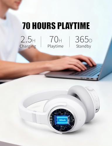 Image of KVIDIO Hybrid Active Noise Cancelling Headphones, Wireless Bluetooth Headphones Over Ear with Mic, 70H Playtime, Transparency Mode, Hi-Fi Stereo Sound, Deep Bass Headsets for Phone PC Travel Home
