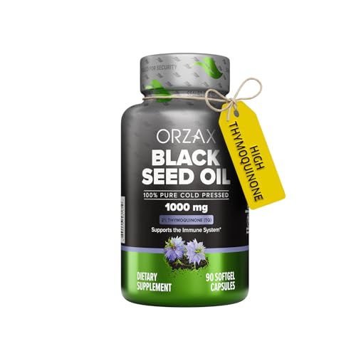 ORZAX Black Seed Oil Cold Pressed 100% Pure | Non-GMO - Rich in Omega 3 6 9 & Thymoquinone | Black Cumin Nigella Sativa Oil for Immune Support Hair Skin Face (1000 mg - 90 Softgel Capsules)