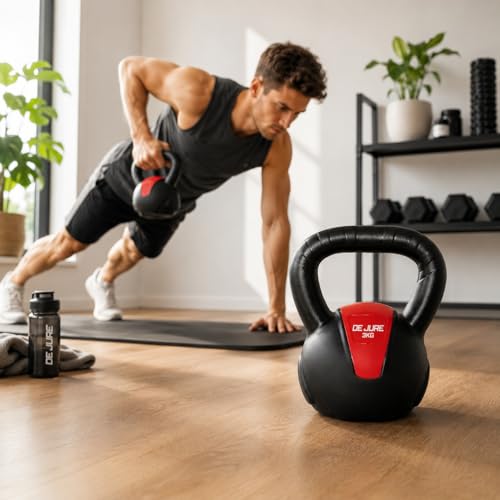 Image of De Jure Fitness PVC Kettlebell 3kg for Men & Women Strength & Cardio Training, Soft Grip, Crushed Concrete Filled, Full Body Workout Equipment for Home & Gym (Red Black)