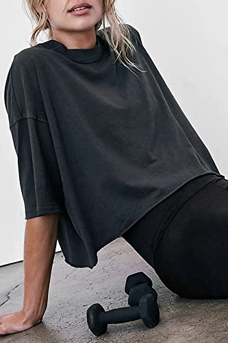 Women's Oversize Workout Crop Tops Casual Short Sleeve Drop Shoulder Boxy T-Shirts Roll Hem Basic Loose Yoga Running Tees4