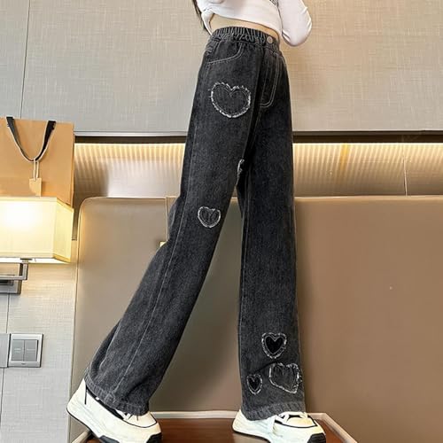 Girls Jeans Casual Elastic High Waisted Wide Leg Pants Kids Heart Print Denim Pants Baggy Trousers with Pockets2