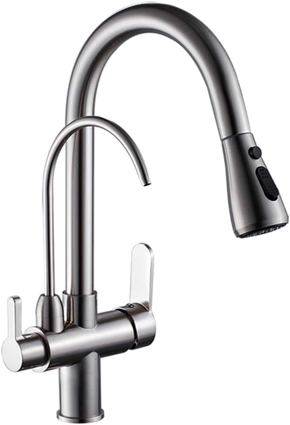 Robinet de cuisine 3 en 1 en laiton chrome brossé au design épuré