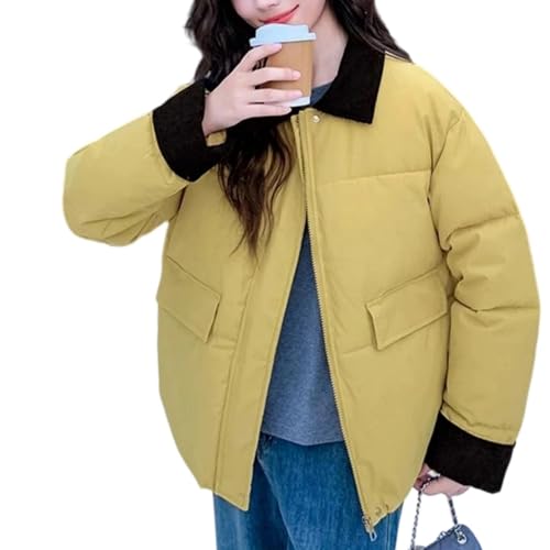Chaqueta corta para mujer de otoño e invierno, abrigo acolchado de algodón de pana en contraste, ropa de abrigo casual, amarillo, S