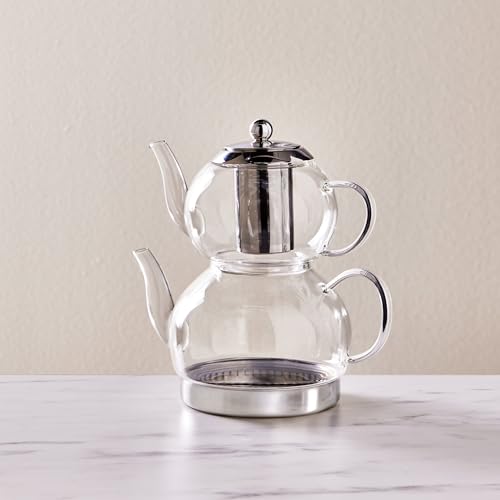 Karaca Pandora Teiera in vetro borosilicato per tè turco con infusore, teiera (2 L) e teiera con coperchio e filtro rimovibile (1 L)