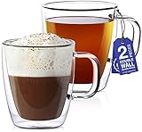 12 oz Glass Coffee Mugs - Set of 2 - Clear Double Wall Glasses - Insulated Glassware With Handle - Large Espresso Latte Cappuccino or Tea Cup by Eparé