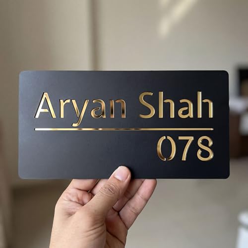 Image of Name Plate Home Entrance Outdoor - Customised Acrylic House Name Plate | Personalized Door Name Plate with Gold Mirror Letters | Modern Name Board for Home, Flat, Apartment & Office (Gold, 20x10 cm)
