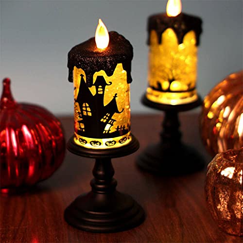 Image of Eldnacele Halloween Snow Globe Candles Lighted Lamp, Battery Operated Spooky Spinning Water Glittering Tornado Candle Flameless Candles Table Centerpiece for Halloween Decoration Indoor(Castle)