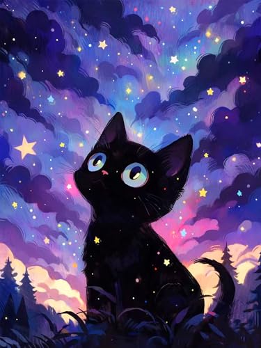 Cat Diamond Art Kits for Adults,Starry Night Diamond Painting Kits, Animals Paint by Diamonds Pictures for Beginners Teenagers,Perfect for Home Office Decor 12x16 inch