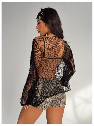 Image of SHENHE Women's Distressed Grunge Bikini Coverup Y2k Gothic Hollow Out Rock Concert Top