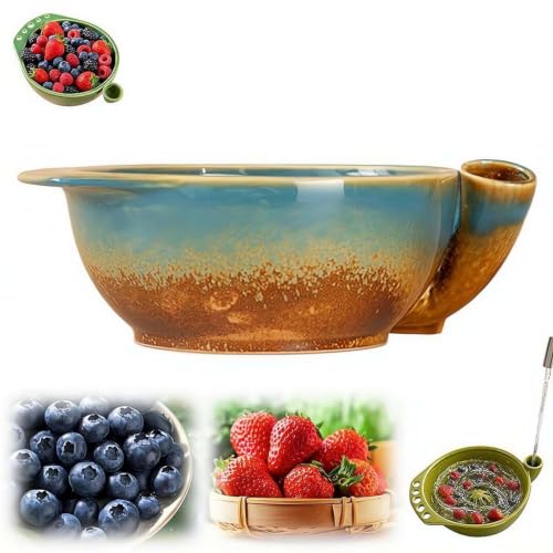 Self Spinning Berry Washing Bowl with Drain Holes Ceramic Fruit Washer with Strainer and Colander Handmade Washing Cleaner for Strawberries Blueberries Berries