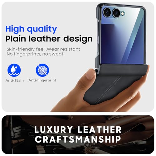 Image of for Samsung Galaxy Z Flip 7 Case with Hinge Protection & Built-in Screen Protector, Ultra Thin Stylish Leather Matte PC Durable Shockproof Cover Phone Case for Galaxy Z Flip 7-Black Gray