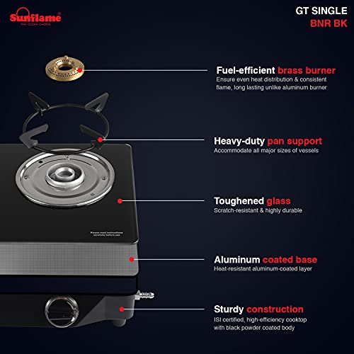 Compare Sunflame SINGLE BNR 1 Burner Gas Stove with Toughened Glass Top, Manual Ignition, 1
