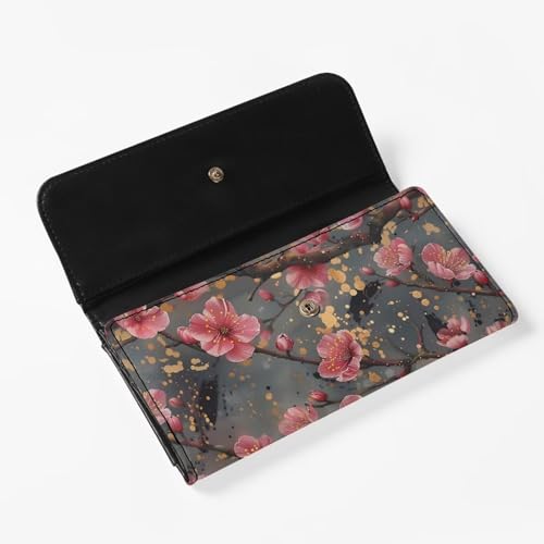 Watercolor Red Plum Women Wallet Painting Flowers Slim Long Trifold Clutch Checkbook Wallets with Zipper Pocket, Natural Floral PU Leathers Wallet Purse4
