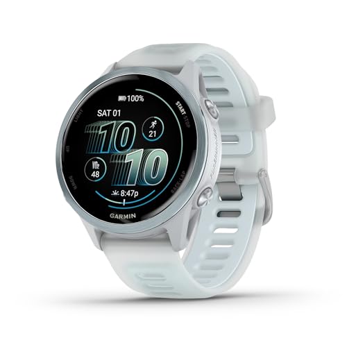 garmin forerunner 570 42mm advanced gps running and triathlon smartwatch amoled display training and recovery features cloud blue aluminum with translucent whitestonecloud blue band