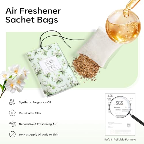 Image of MYARO 20 Pack Jasmine Scented Sachets - Fresh Drawer & Closet Air Freshener Bags, Odor Eliminator for Bathroom, Lingerie Drawers, Car & Travel