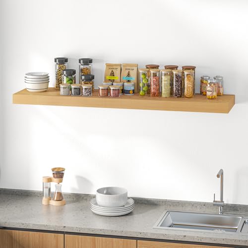 Image of Dreamland 55 inch Floating Shelves for Wall, 12 inch Deep Thicker Oak Floating Shelves, Wall-Mounted Shelves for Bedroom, Living Room, Kitchen, Bathroom - Set of 1