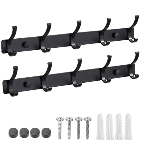 2 Pack Coat Hooks Wall Mounted with 10 Hooks Total  Hanger Wall Double Hook Rack Heavy Duty Rust-Proof Coat Rack for Jackets Bags Hats & Towels in Bathroom Bedroom Kitchen & Entryway (black)