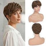 Haloo Brown Pixie Wigs for Women - Short Natural Layered Haircut Synthetic Heat Resistant Hair Wig for Daily Costume