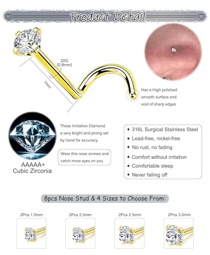 Nose Rings Studs Set for Women Men: Hypoallergenic 8Pcs 18G 20G 22G Gold/Silver 316L Surgical Stainless Steel Nose Studs Corkscrew Nose Piercing Jewelry Imitation Diamond Small CZ 1.5mm 2mm 2.5mm 3mm2