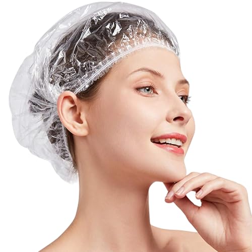 100 Pcs Disposable Shower Caps, Waterproof Clear Hair Bath Caps, Plastic Hair Cap for Women Kids Girls, Spa, Hair Salon, Travel, Hotel and Home