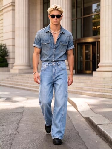 Image of EMMIOL Men's Baggy Wide Leg Jeans, Striped Y2K Hip Hop Skater Denim Pants, Loose Fit Streetwear Jeans