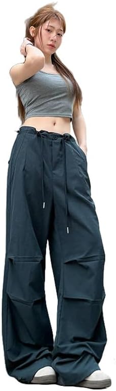 JYHBHMZG Women's American Style Summer High Waist Slimming Drawstring Cuffed Hem Casual Wide Leg Sports Cargo Pants