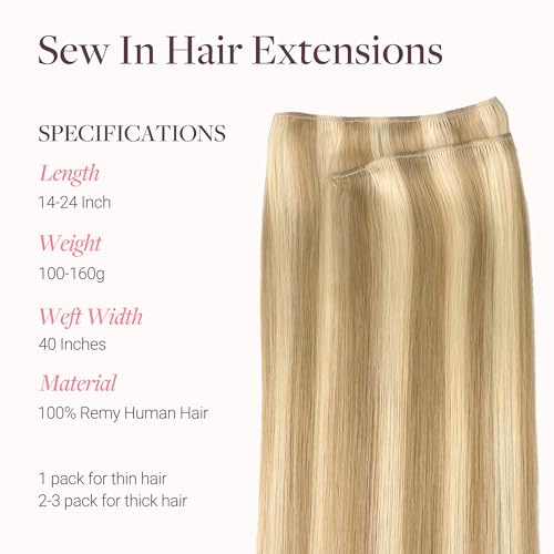 Image of GOO GOO Sew in Hair Extensions Real Human Hair, Weft Hair Extensions Human Hair, 16 /22 Light Blonde Highlighted Golden Blonde 20inch 130g, Weft Bundles Straight Silky Remy Hair