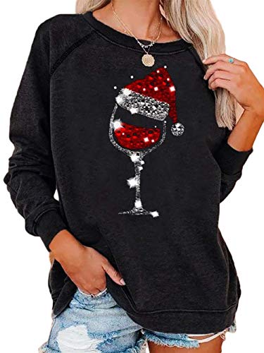 Christmas Sweatshirt Black Cotton Crew Neck Long Sleeve Women's Christmas Print Sweatshirt Women's Christmas Believe Print Sweatshirt
