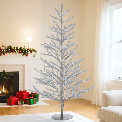 48 Inch Tinsel Christmas Tree, Silver Christmas Tree, Mid Century