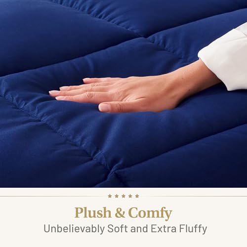 Image of Lavish Comforts Navy Blue Comforter - Fluffy Down Alternative Dark Blue Comforter, All-Season Queen Duvet Insert, Hypoallergenic, Machine Washable with Corner Loops