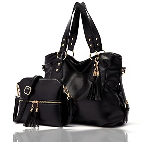 Image of Qiyuer Slouchy Handbag for Women Shoulder Bag Hobo Purse Wallet Set 3pcs | Curved Lines, Dual-use Crossbody /Shoulder, Soft PU Vegan Leather, Divided Compartments, Versatile Roomy for Daily & Work