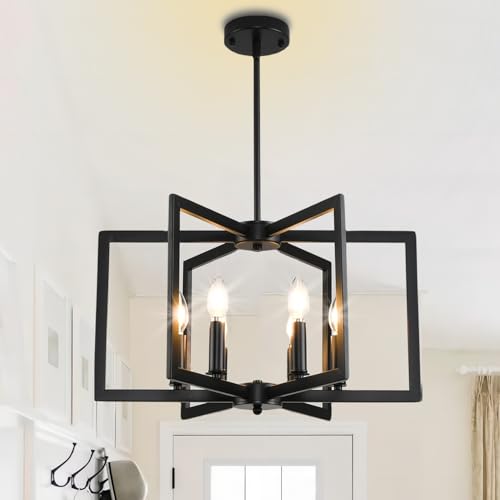 Axamate 21in Black Chandeliers for Dining Room, 6-Light Farmhouse Semi Flush Mount Ceiling Light, Pendant Lighting Hanging Ceiling Lights Fixture for Foyer Entryway Hallway Kitchen Island