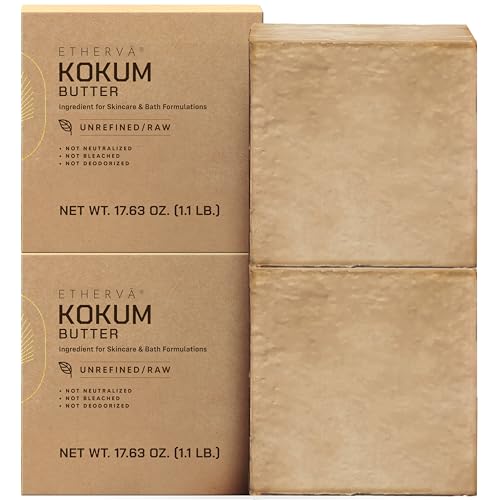 ETHERVA Raw Kokum Butter | Truly Raw Unrefined | Non-Deodorized & Unbleached | Strong Natural Scent | Hard Block | Wild Grown Organic | Bulk DIY Soap Making | Thickener for Skin Body & Hair | 2.2 lb
