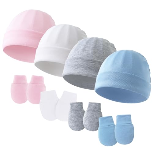 Newborn Baby Girls Hats Mittens Set Infant Bow Hats Baby Cotton Gloves No Scratch Mittens for 0-6 Months