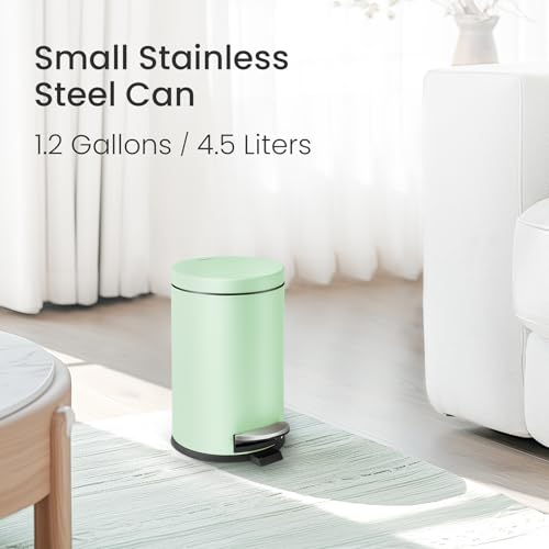 Image of Cesun 1.2 Gallons Small Green Trash Can, Bathroom Garbage Can with Lid and Foot Pedal, Mini Round Wastebasket for Bathroom, Bedroom, Office, 4.5 Liters / 1.2 Gallons, Green