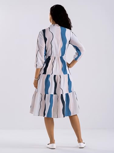 Image of AASK Women Diamond Creap Striped Printed Mandarin Collar Fit & Flare Dresss