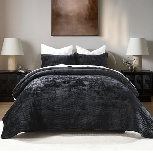 Image of Luxury Velvet Queen Comforter Set, Black Queen Size Comforter Sets, Black Queen Quilt Bedding Set, Luxurious Plush Bedspreaqd Sets, Soft Lightweight Quilts Queen Size for All Season