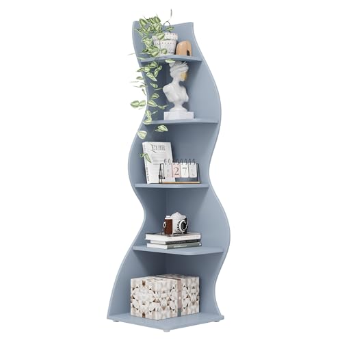 Image of Tribesigns Corner Shelf, Modern 5-Tier Wall Corner Bookshelf, Stylish Corner Small Bookcase Storage Rack Plant Stand with Unique Shape for Living Room, Home Office (Blue, 1PC)