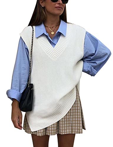 Cowasto Womens Sweater Vest Sexy Oversized V Neck Sleeveless Sweaters Casual Warm Cable Knit Tops White Small #TOP13