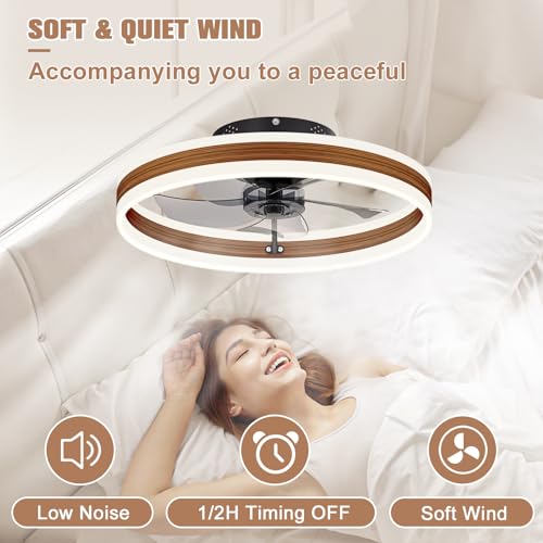 Image of VOLISUN Low Profile Ceiling Fans with Lights and Remote, 19.7in Farmhouse Ceiling Fans with Light Flush Mount, 3000K-6500K Dimmable Fandelier LED Fan Light, Bladeless Ceiling Fans for Bedroom