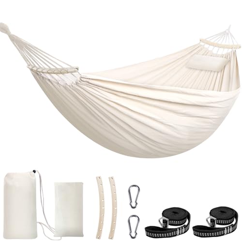 Chihee Cotton Hammock Large Soft Breathable Camping Hammock Holds Up to 660lbs Portable Tree Hammocks with Detachable Spreader Bar Pillow 2 Strong Webbings 2 Carabiners Patio Garden Indoor Outdoor