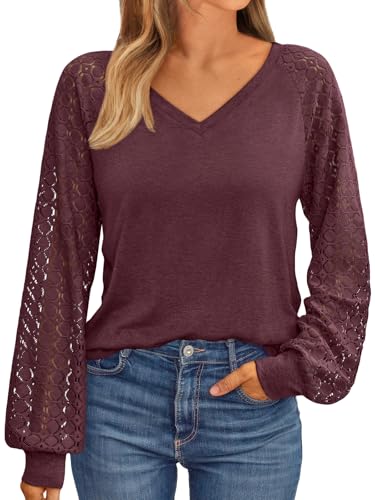 AUTOMET Womens Long Sleeve Shirts V-Neck Lace Tops Business Casual Blouses Tee Trendy 2026 Fall Fashion Outfits Clothes WineRed M