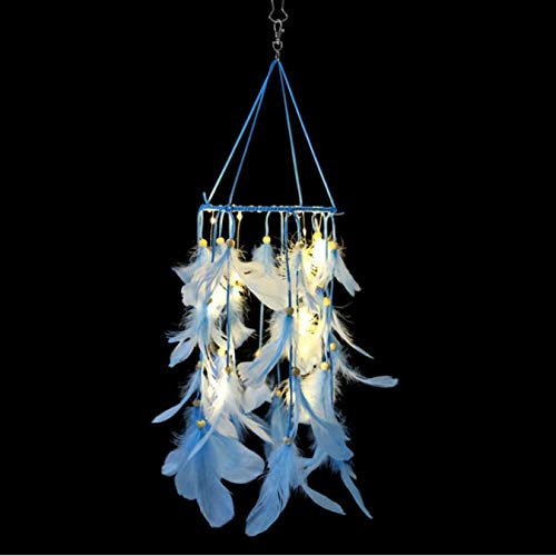 FVNJHL Attrape-rêves de Plume Bleu Clair LED Carillon de Vent Voitures Enfants Chambre capteur de rêves Balcon décoration Murale Ornements Suspendus 65 Cm * 16 Cm Cover