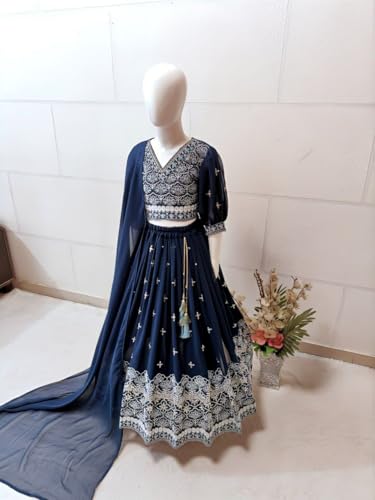 Girls Navy Blue Lehenga Choli Set with Silver Embroidery, Traditional Indian Wedding Party Wear Dress2