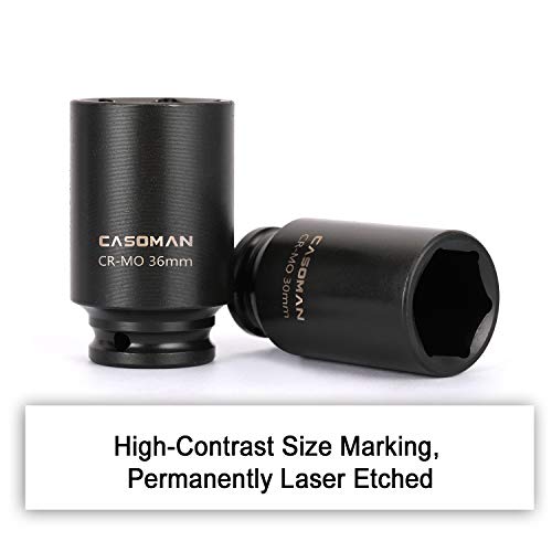 Casoman 1/2- Inch Drive Deep Spindle Axle Nut Impact Socket Set, 6-Piece 1/2" Dr. Deep Impact Socket Set,6 Point, Cr-Mo, Metric, Impact Grade, 30Mm, 32Mm, 33Mm, 34Mm, 35Mm, 36Mm #TOP4