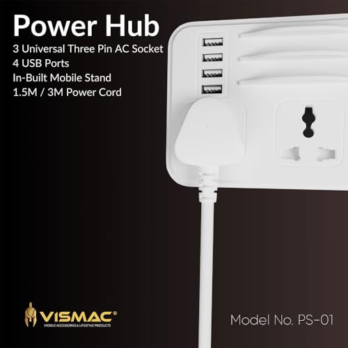 Image of Vismac Extension Board 3 Universal Sockets + 4 USB Ports | Master Switch | ABS Plastic Body | 1.5M BIS Cord | 2300W Load Capacity| 1-Year Warranty | Fire Resistant | for Home & Office and Workspace.