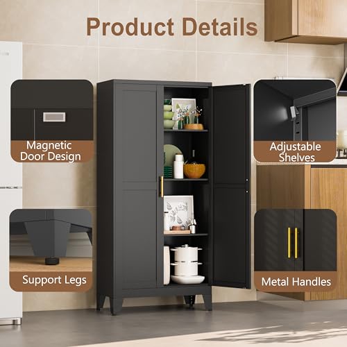 PAOFIN Metal Kitchen Pantry Storage Cabinet with 2 Doors and 3 Adjustable Shelves,Pantry Cabinet with Adjustable Leveling Foot for Kitchen, Living Room, Dining Room(Black) - Image 4