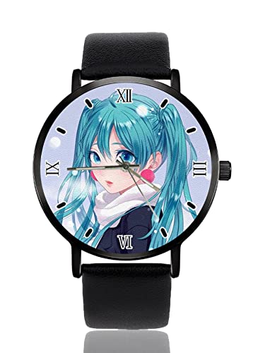 Blue Anime Girl Montre de sport haute performance pour homme et femme Cadran noir Bracelet en cuir Noir, Noir
