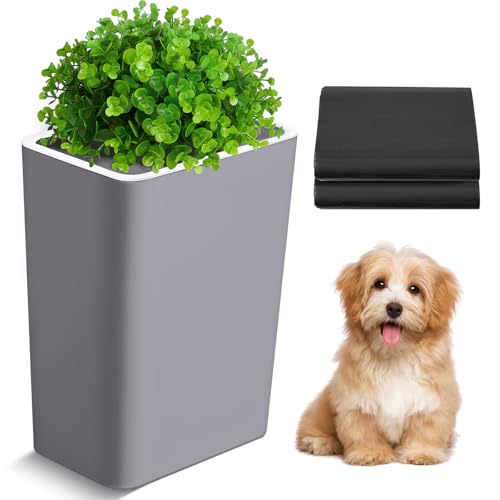 Image of Jingmore Dog Poop Trash Can Outside 3.96 Gal /15 L Plant Styled Dog Waste Trash Can with Lid 50 Waste Bags Outdoor Indoor Poop Container Slim Garbage Bin for Yard Garden Pet (Gray)