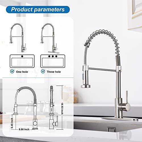 Phichi Brushed Nickel Kitchen Faucet With Pull Down Sprayer, High Arc Single Handle Spring Kitchen Sink Faucets For Laundry Utility Rv Wet Bar Sinks With Deck Plate, 1 Or 3 Hole Compatible. #TOP1
